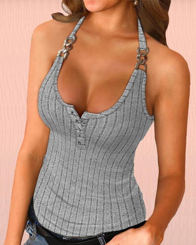 Chicme Halter Buttoned Chain Decor Ribbed Tank Top top