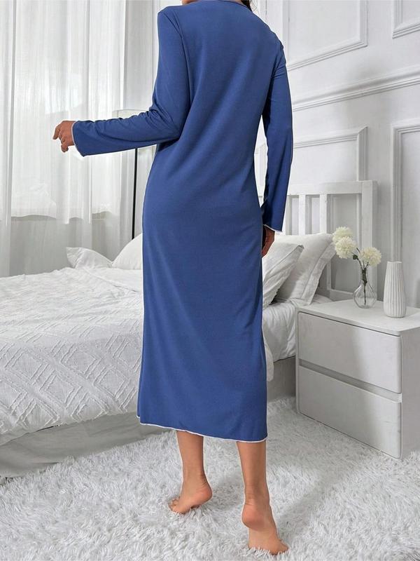 Women's Contrast Lace V Neck Nightdress, Casual Long Sleeve Nightgown for Spring & Fall, Ladies Sleepwear for Indoor Wear