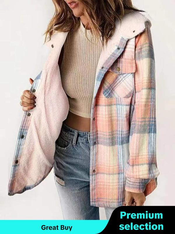 Women's Plaid Print Button Front Drop Shoulder Jacket, Casual Long Sleeve Collared Pocket Outerwear for Fall & Winter, Ladies Clothes for Daily Wear Coats