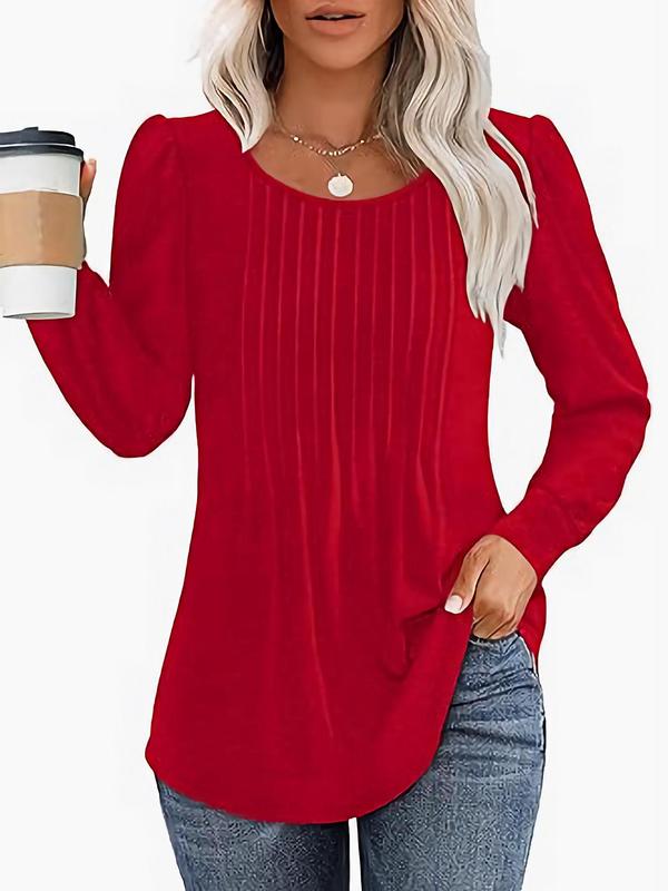 Women's Plain Pleated Bishop Sleeve Sweater, Casual Long Sleeve Round Neck Jumper for Fall & Winter, Fashion Ladies' Knitwear for Daily Wear