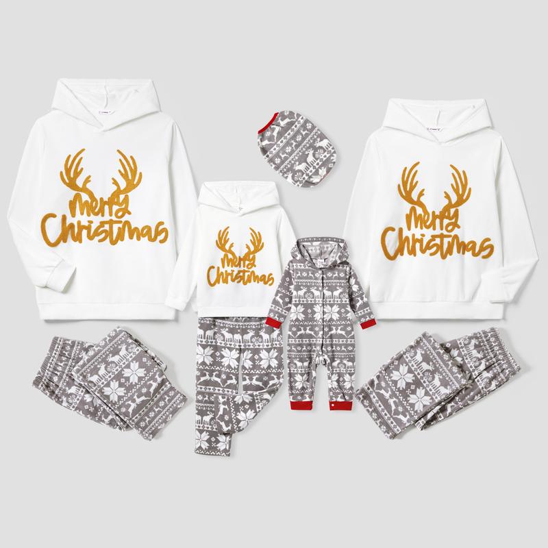 PatPat Christmas Family Matching Letters Embroidered Long-sleeve Hooded Fleece Pajamas Sets