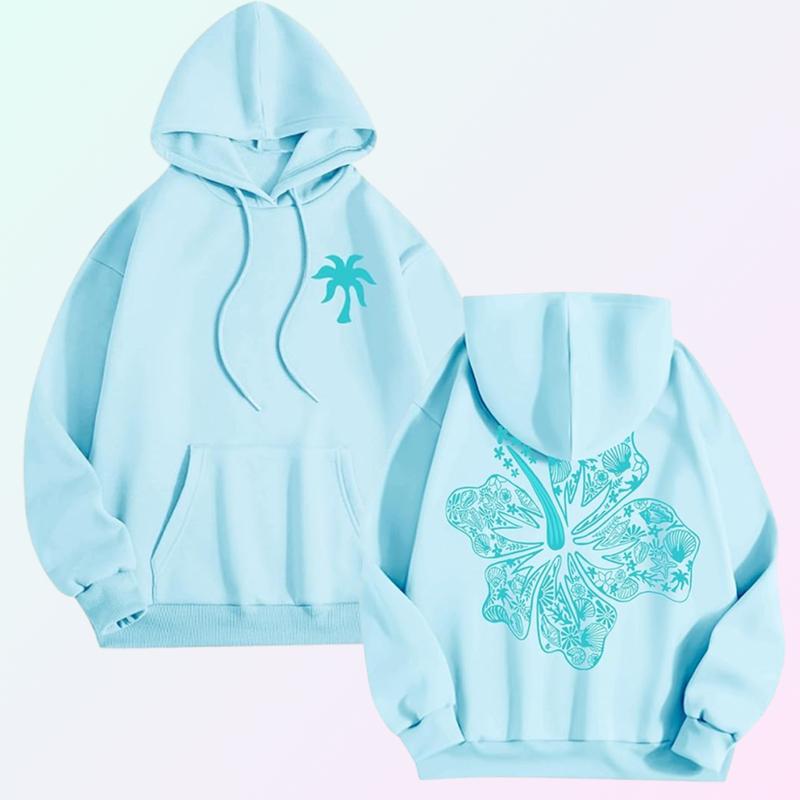 Womens Pink Palm Puff Hawaiian Hibiscus Aquamarine Hoodie with Pockets Lightweight Hooded Sweatshirt Warm Street Print Hoodie Cute Hoodie Hip Hoodie Teen Girls Y2k Hoodie