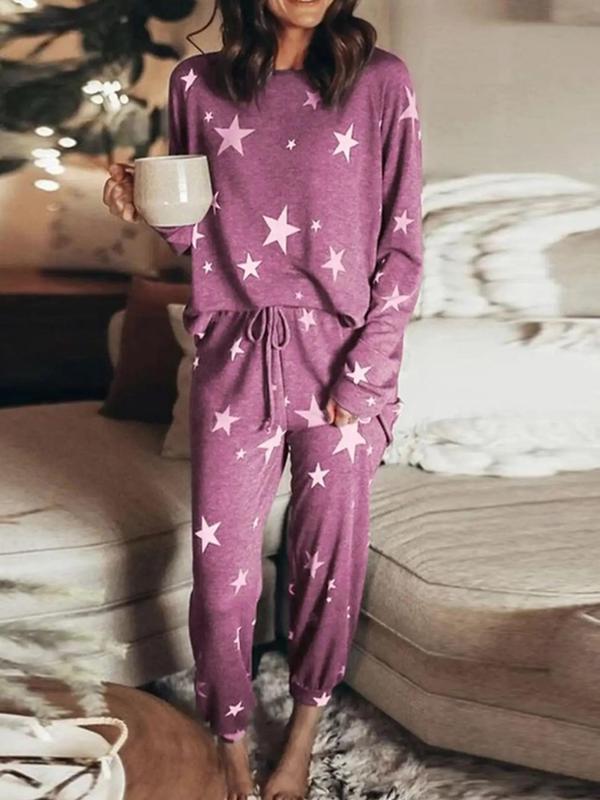 Women's Christmas Theme Star Print Raglan Sleeve Top & Tie Front Pants Loungewear Two-piece Set, Casual Comfy Round Neck Long Sleeve Top & Trousers Pj Set, Ladies Sleepwear for Fall & Winter