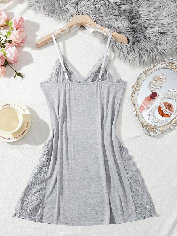 Women's Contrast Lace Bow Decor Cami Nightdress, Adjustable Spaghetti Strap Split Hem Nightgown, Soft Comfortable Sleepwear for Women