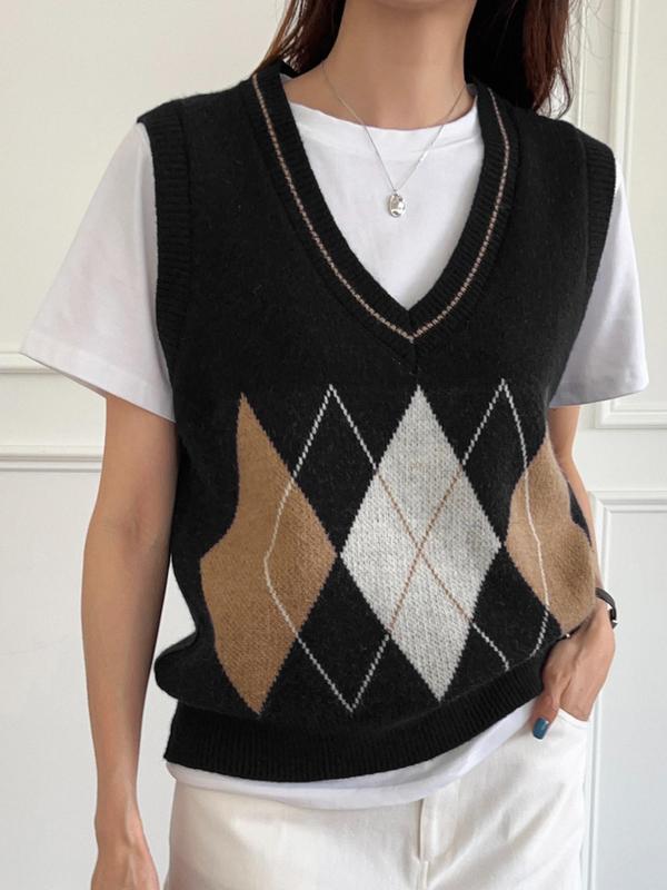 Women's Argyle Pattern V Neck Sweater Vest, Casual Knitting Sleeveless Top For Fall & Winter, Ladies Clothes For Daily Wear