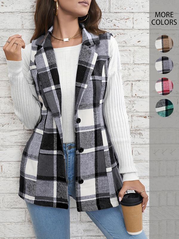 Women's Plaid Print Button Front Vest Coat, Elegant Womenswear Lapel Neck Sleeveless Outerwear, Comfortable Graphic Jackets, Lady Casual Wear Outfit, Winter Clothes Women