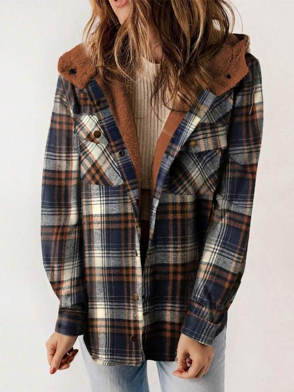 Women's Plaid Print Button Front Drop Shoulder Jacket, Casual Long Sleeve Collared Pocket Outerwear for Fall & Winter, Ladies Clothes for Daily Wear Coats