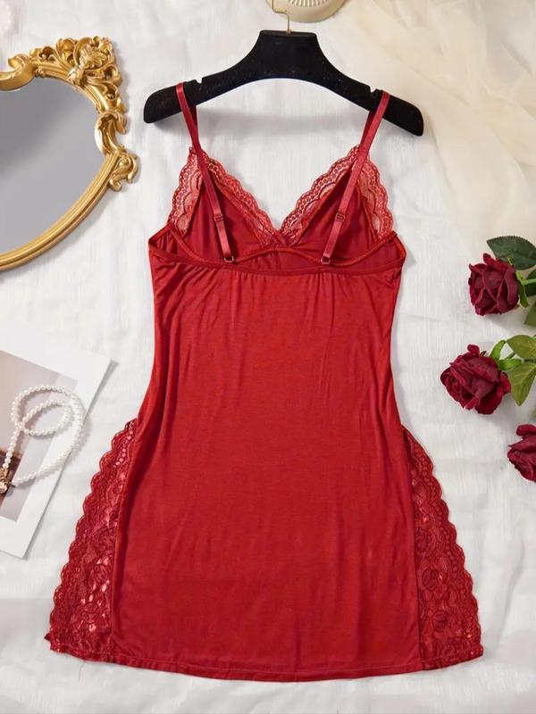 Women's Contrast Lace Hem Cami Nightdress & Sheer Bra & Panty Sexy Three-piece Set, Adjustable Spaghetti Strap Split Hem Nightgown & Bow Decor Bra & Open Crotch Panty Set, Women's Sleepwear for All Seasons