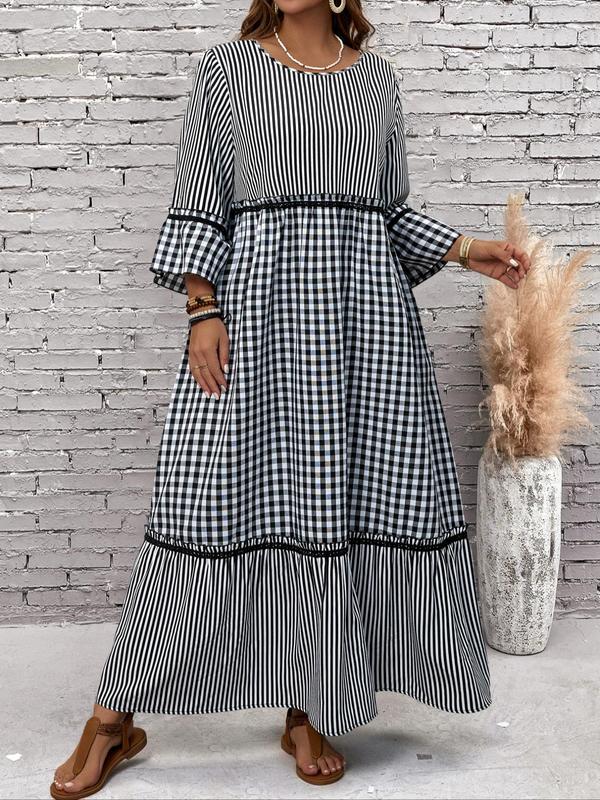  Women's Plaid & Striped Print Frill Trim Flounce Sleeve Dress, Elegant Long Sleeve Round Neck A Line Dress for Daily Outdoor Wear, Women's Clothing for All Seasons Moo Moo Dresses