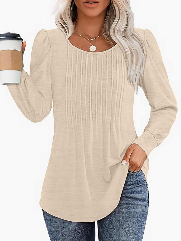 Women's Plain Pleated Bishop Sleeve Sweater, Casual Long Sleeve Round Neck Jumper for Fall & Winter, Fashion Ladies' Knitwear for Daily Wear