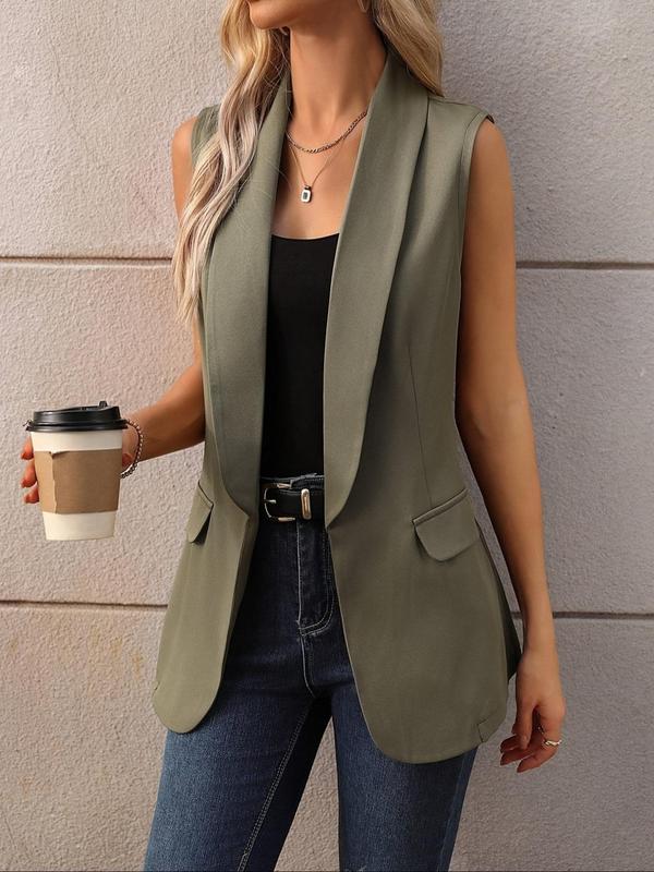 Women's Solid Pocket Shawl Collar Vest Blazer, Casual Sleeveless Open Front Outerwear for Daily Wear, Ladies Clothes for All Seasons