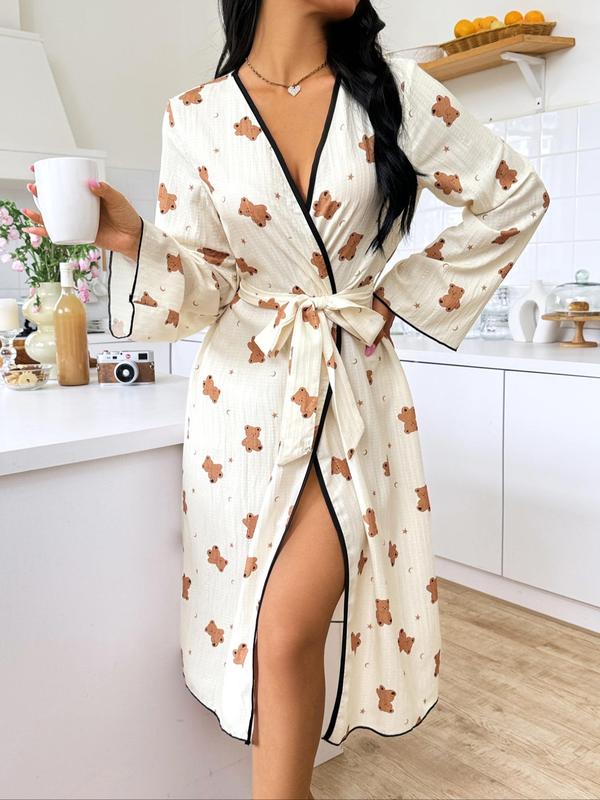 Women's Cartoon Bear Print Contrast Binding Belted Robe, Casual Long Sleeve Flounce Sleeve Open Front Robe, Ladies Sleepwear for All Seasons, Summer Wear 2024, Loungewear for Women