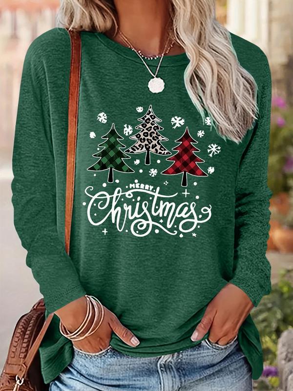 Women's Christmas Tree & Letter Print Drop Shoulder Tee, Casual Long Sleeve Round Neck Pullover for Daily Wear, Ladies Fall & Winter Clothes