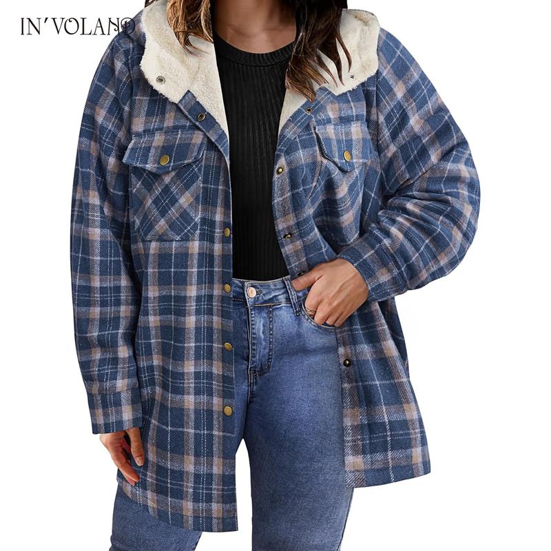 Holiday haul IN'VOLAND Plus Size Women Flannel Plaid Shacket Jacket Long Sleeve Button Down Fleece Hooded Jackets Fall Winter Coat Casual Cotton Fabric Womenswear Basic Bodycon