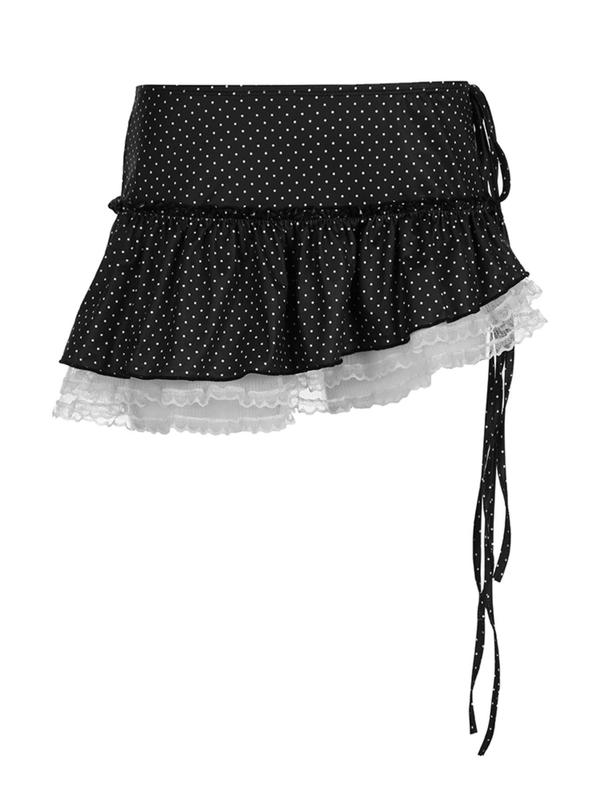 Women's Polka Dot Print Contrast Lace Tie Front A Line Skirt, Asymmetrical Hem Mini Skirt for Summer, Fashion Women's Skirt for Beach Holiday