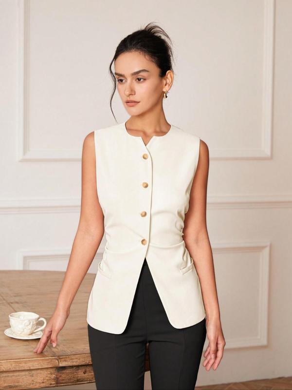 Women's Solid Color Notched Neck Button Front Vest Blazer,  Going Out Tops, Casual Sleeveless Outerwear for Work Office Business, Ladies Clothes for All Seasons