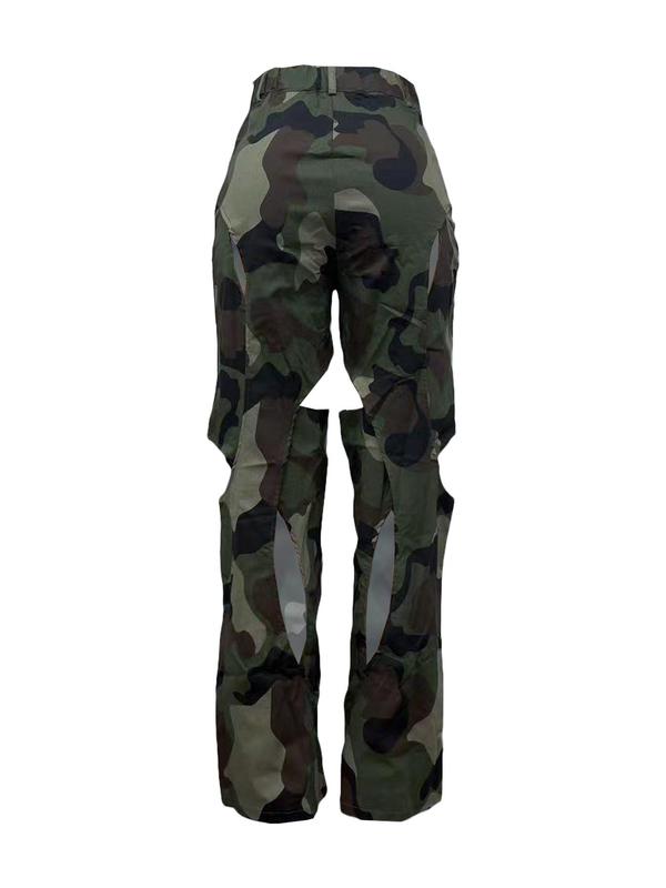 Women's Camo Print Cut Out Pocket Straight Leg Pants, Street Fashion Zipper Fly Button Trousers for Daily Wear, Ladies Clothes for All Seasons, 80s Fashion