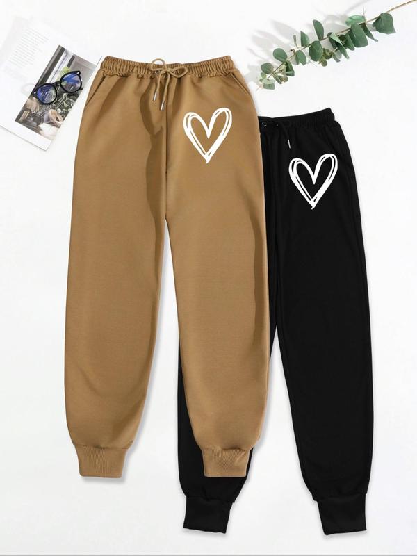 Women's Heart Print Drawstring Waist Sweatpants, Casual Pocket Jogger Pants for Fall & Winter, Women's Trousers for Daily Wear