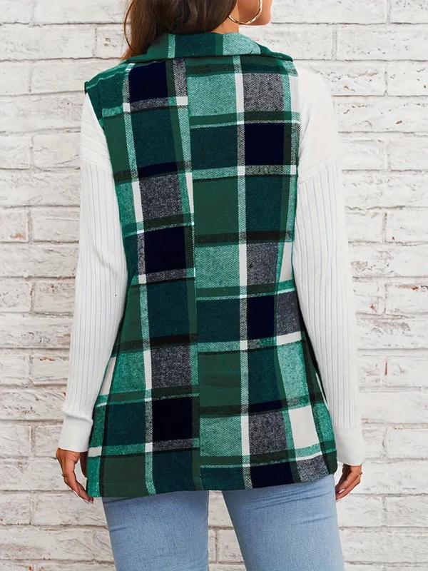 Women's Plaid Print Button Front Vest Coat, Elegant Womenswear Lapel Neck Sleeveless Outerwear, Comfortable Graphic Jackets, Lady Casual Wear Outfit, Winter Clothes Women