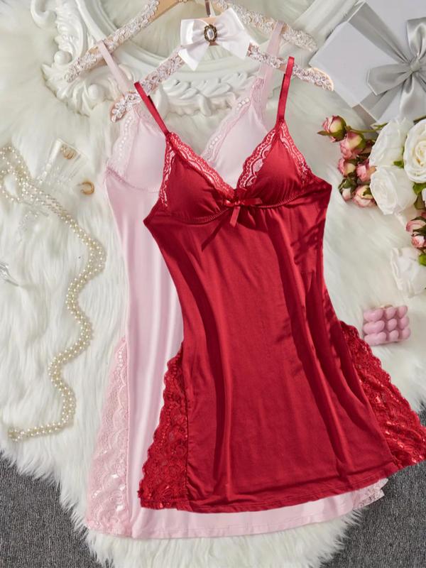 Women's Contrast Lace Bow Decor Cami Nightdress, Adjustable Spaghetti Strap Split Hem Nightgown, Soft Comfortable Sleepwear for Women