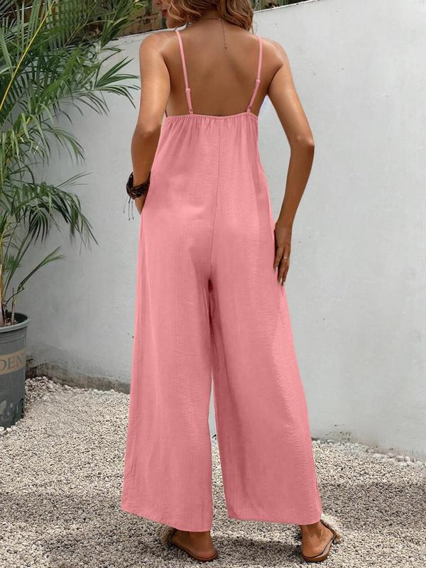 YOZY [5 Colors] Boho V Neck Pocket Wide Leg Jumpsuit  Plain Plicated Cami Jumpsuit, 2024 Women's Summer Outfits for Daily Wear