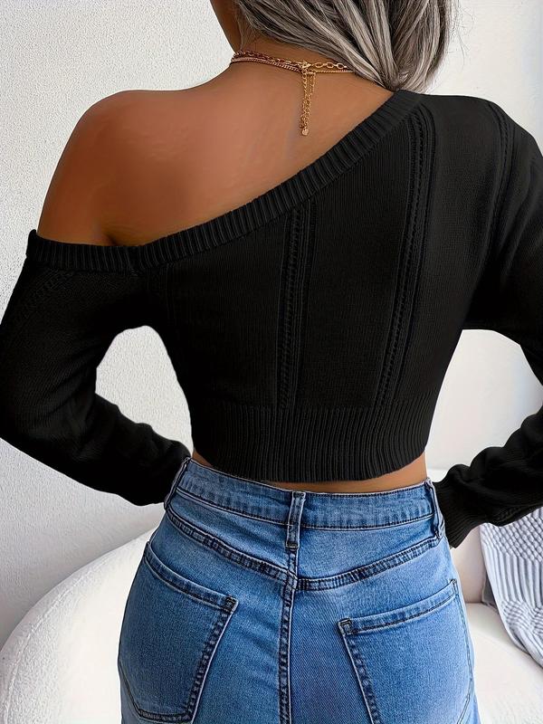 Women's Plain Hollow Out One Shoulder Crop Sweater, Casual Long Sleeve Asymmetrical Neck Cropped Jumper for Spring & Fall, Sweaters for Women, Fashion Women's Knitwear for Daily Wear