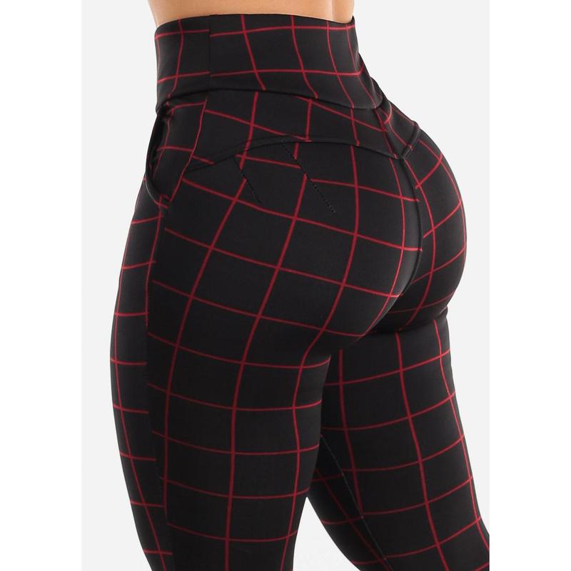 Black High Waisted Butt Lifting Skinny Pants Windowpane