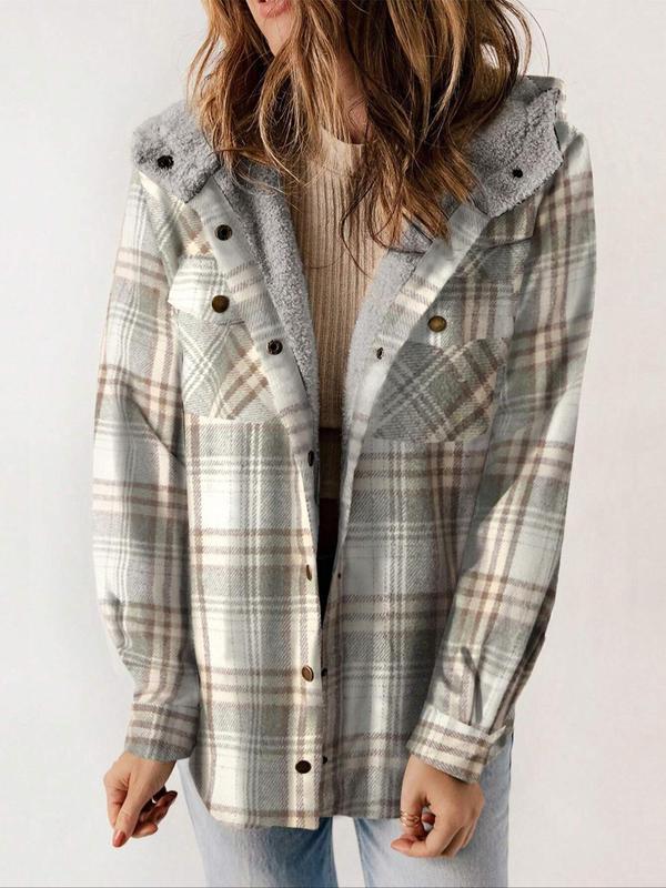 Women's Plaid Print Button Front Drop Shoulder Jacket, Casual Long Sleeve Collared Pocket Outerwear for Fall & Winter, Ladies Clothes for Daily Wear Coats