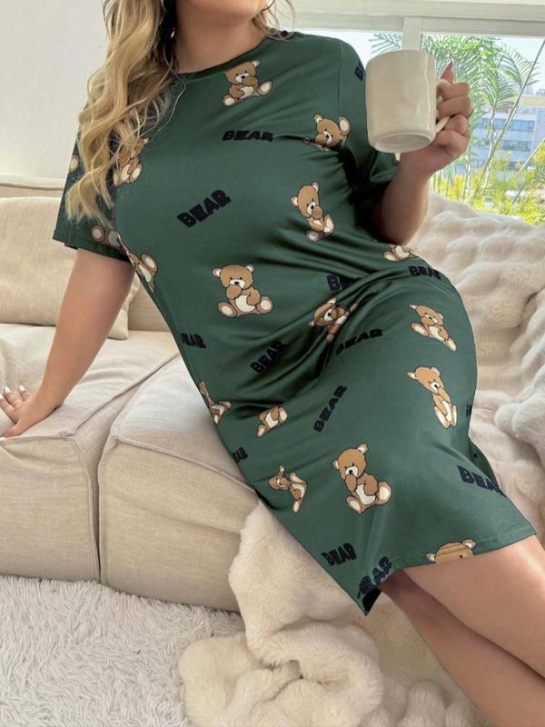 Plus Size Cartoon Bear & Letter Print Drop Shoulder Nightdress, Casual Soft Comfortable Round Neck Short Sleeve Nightgown For Women, Women's Sleepwear For All Seasons