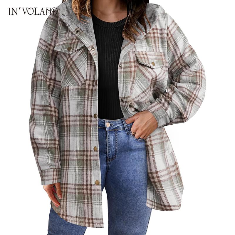 Holiday haul IN'VOLAND Plus Size Women Flannel Plaid Shacket Jacket Long Sleeve Button Down Fleece Hooded Jackets Fall Winter Coat Casual Cotton Fabric Womenswear Basic Bodycon