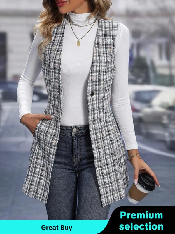 Women's Plaid Print Button Pocket V Neck Suit Vest, Casual Sleeveless Open Front Outerwear for Spring & Fall, Coats for Winter Women 2024, Ladies Clothes for Daily Wear