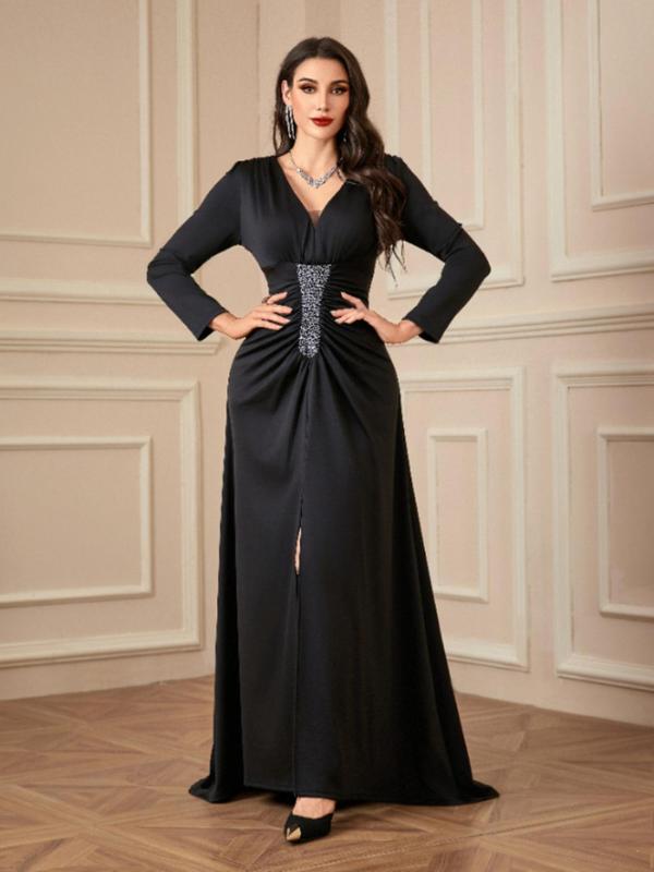 Women's Plain Rhinestone Decor Sheer Split Thigh Chiffon Dress, Elegant V Neck Long Sleeve Evening Party Gown, Ladies Spring & Fall Clothes