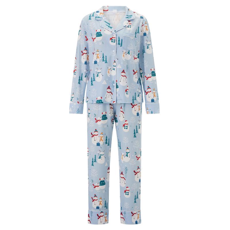 Matching Christmas Pajamas for Family Long Sleeve Snowman Print Shirt Tops Long Pants Set Loungewear