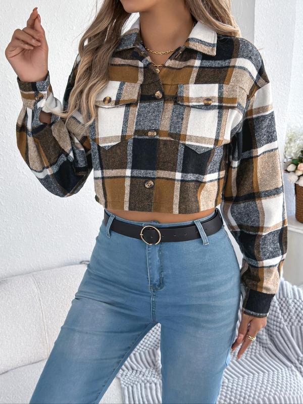 Women's Plaid Print Button Front Drop Shoulder Crop Jacket, Casual Long Sleeve Pocket Collared Outerwear for Fall & Winter, Ladies Clothes for Daily Wear