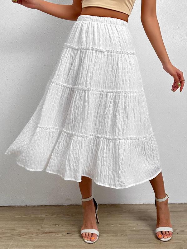 Women's Textured Frill Trim High Waist A Line Skirt, Casual Elastic Waist Midi Skirt for Beach Holiday Vacation, Ladies Summer Clothes