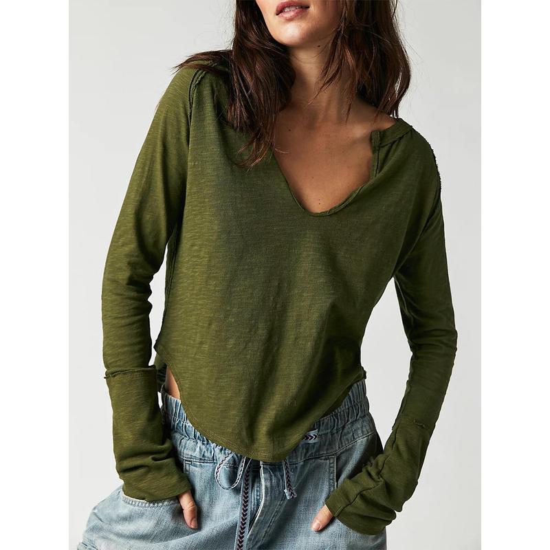 Casual Women Autumn Solid Color Long Sleeve V Neck Pullover Loose Blouse Top Soft Long-Sleeved Women's T-Shirt With V-Neck size