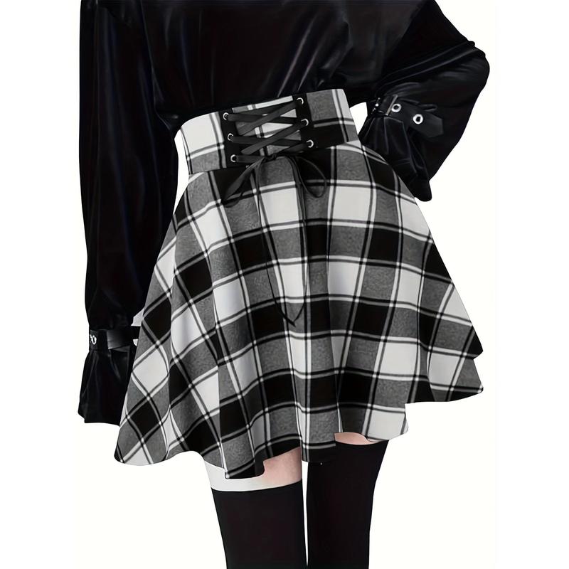 Plaid Lace-Up High-Waisted Swing Mini Skirt for Women