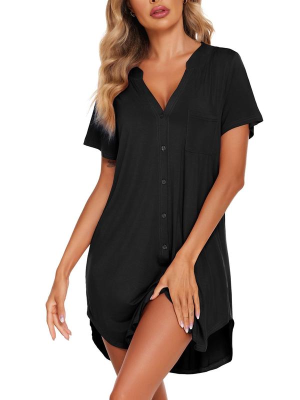 Women's Stars Print Button Front V Neck Nightdress, Casual Comfy Short Sleeve Nightgown for Daily Home Wear, Ladies Sleepwear for All Seasons