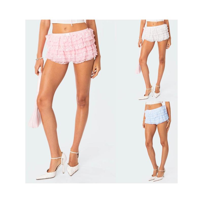 Women’s Layered Ruffle Shorts Casual Elastic Waist Bow Front Solid Color Lace Shorts Going Out Pants Fabric Spring