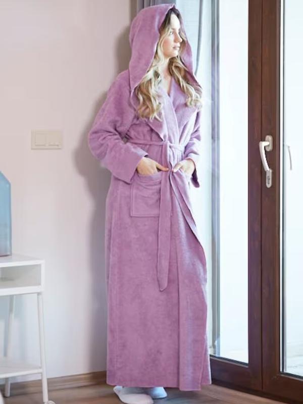 Cotton Terry Hooded Long Bathrobe S M L XL, Belt Fabric Womenswear Gowns Nightwear Sleeves Style Women