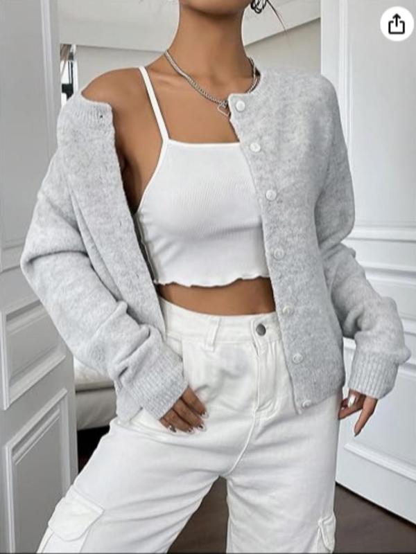 Women's Plain Button Front Drop Shoulder Cardigan, Casual Long Sleeve Round Neck Knitwear for Fall & Winter, Women's Knit Clothing for Daily Wear