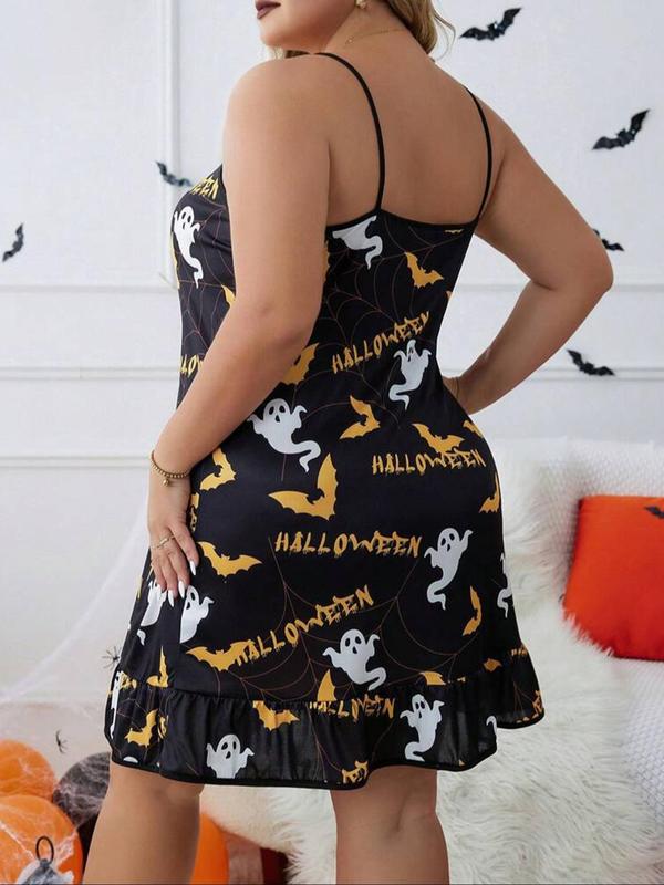  Contrast Binding Ruffle Hem Cami Nightdress, Cute Casual Halloween Themed Cartoon Ghost Print Spaghetti Strap Nightgown for All Seasons, Women's Plus Sleepwear for Daily Wear