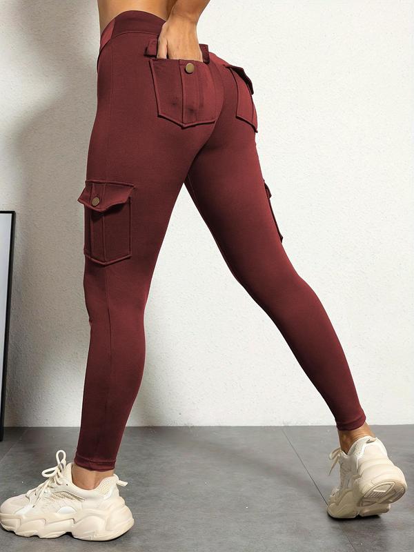 Women's Solid High Waist Pocket Leggings, Casual Comfy High Stretch Skinny Pants for Daily Wear, Ladies Bottoms for All Seasons