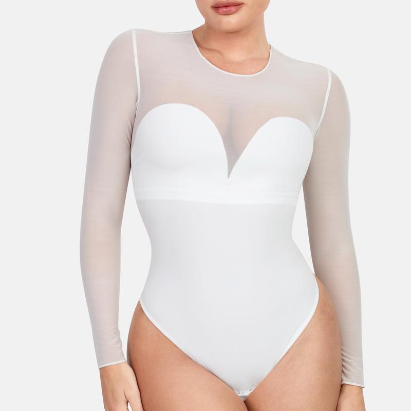 Popilush Sheer Mesh Long Sleeve Thong Shapewear Bodysuit PSA