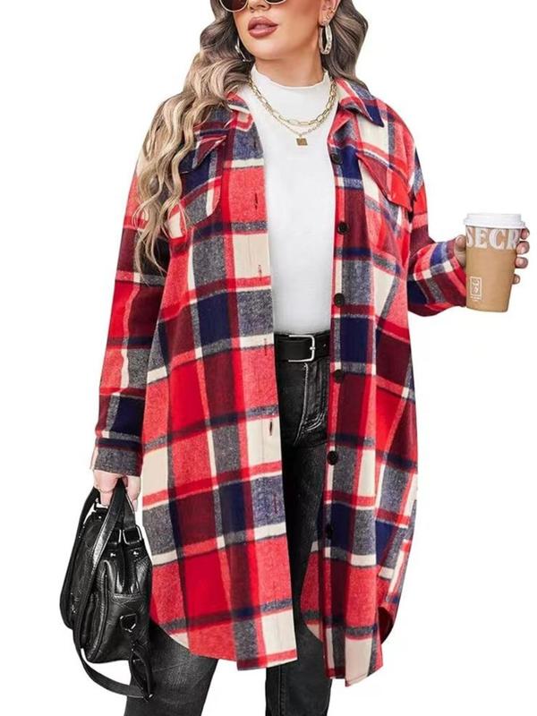  Tartan Print Button Front Flap Pocket Flannel Coat, Casual Curved Hem Drop Shoulder Collared Outerwear for Fall & Winter, Coats for Women, Women's Clothes for Daily Wear, Christmas Coats for Winter Women 2024