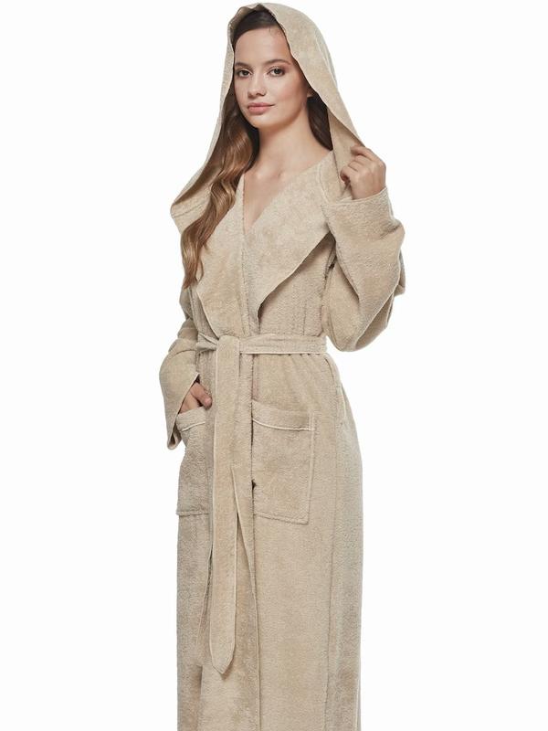 Cotton Terry Hooded Long Bathrobe S M L XL, Belt Fabric Womenswear Gowns Nightwear Sleeves Style Women