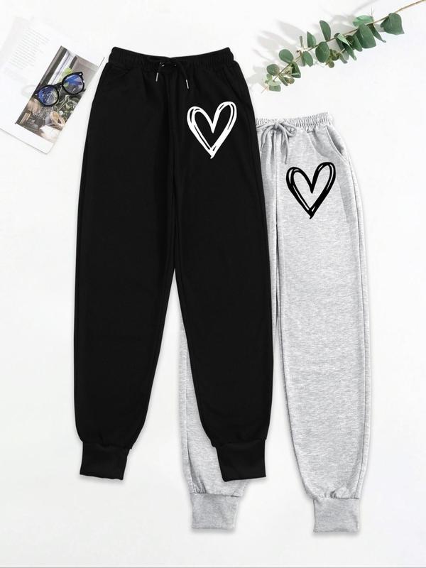 Women's Heart Print Drawstring Waist Sweatpants, Casual Pocket Jogger Pants for Fall & Winter, Women's Trousers for Daily Wear