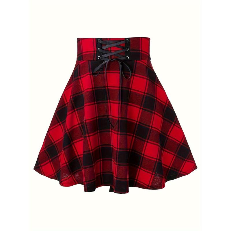 Plaid Lace-Up High-Waisted Swing Mini Skirt for Women