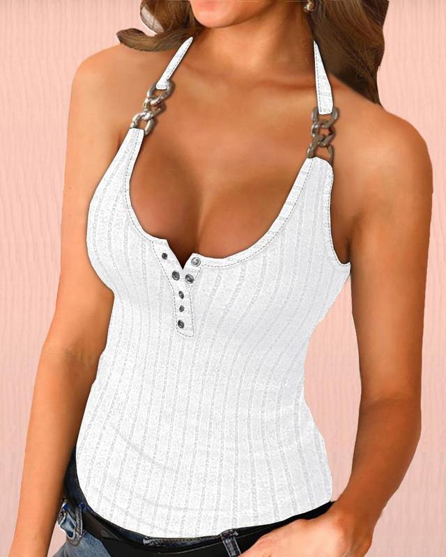 Chicme Halter Buttoned Chain Decor Ribbed Tank Top top