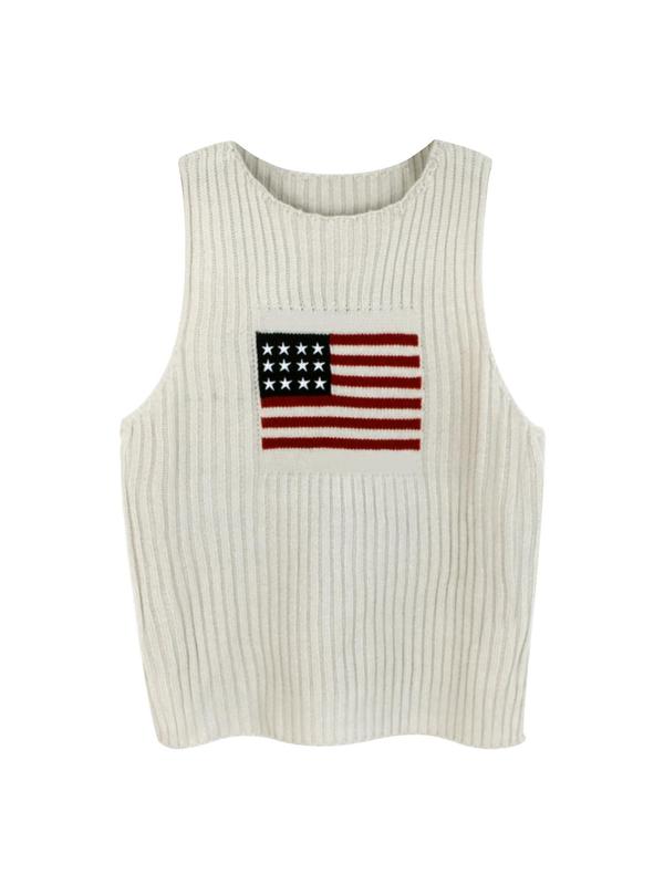 Women's Flag Graphic Print Split Hem Sweater Vest, Casual Fashion Round Neck Sleeveless Jumper Vest for Summer, Ladies Knit Clothing Sweaters for Daily Wear